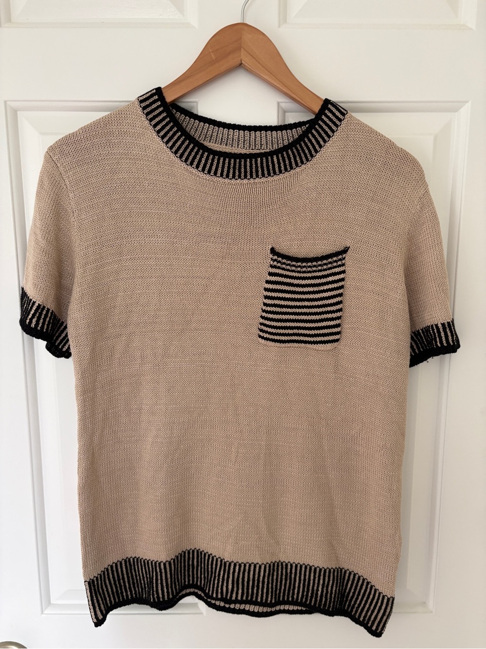 Medium Beige Knit Tee with Black Trim and Striped Pocket